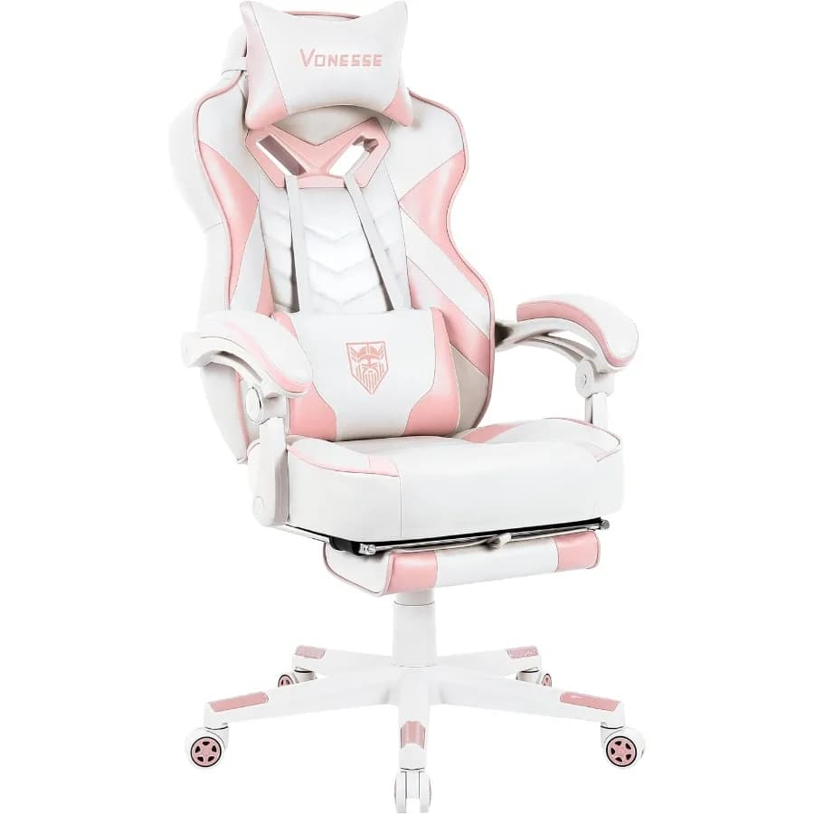 Sedia da gaming rosa per adulti Sedia da computer per ragazze con schienale alto Sedie da gioco grandi e alte con poggiapiedi e massaggio reclinabile