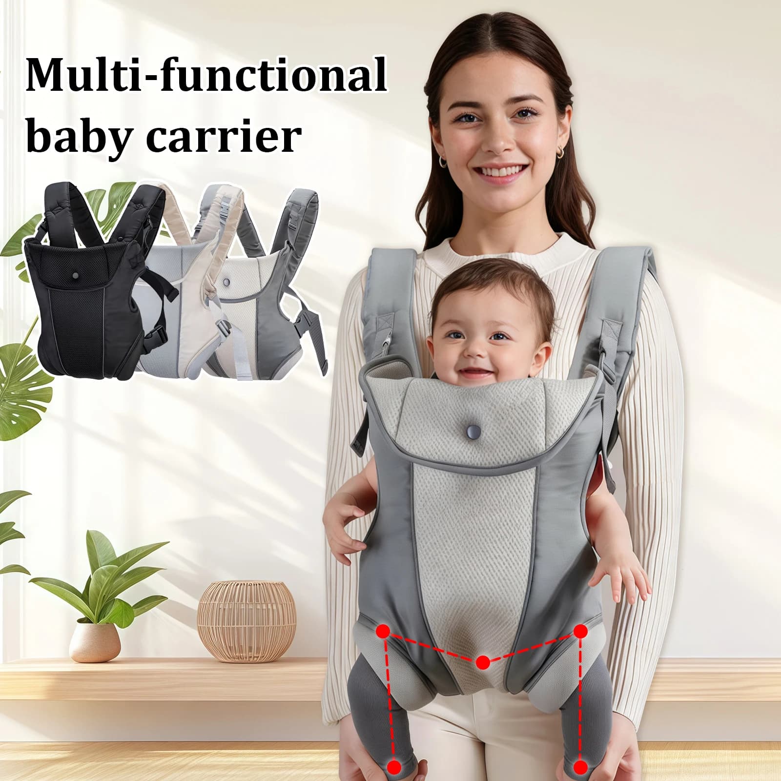 Marsupio multifunzionale per neonati, ergonomico, con supporto lombare, facile da regolare, realizzato in morbido poliestere, adatto per uso domestico, all'aperto e in viaggio.