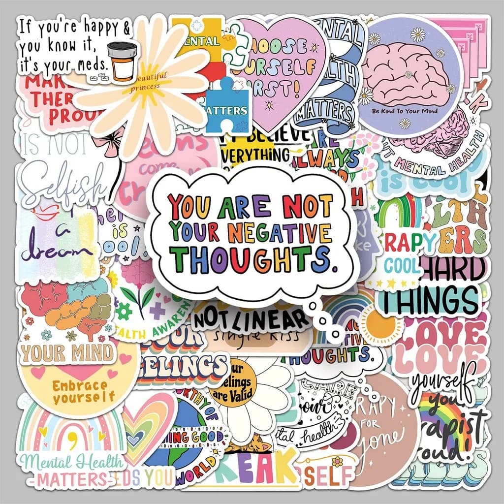 50PCS Mental Health Encouragement Stickers English Positive Affirmations Short Sentence Graffiti Decals Waterproof PVC Stickers