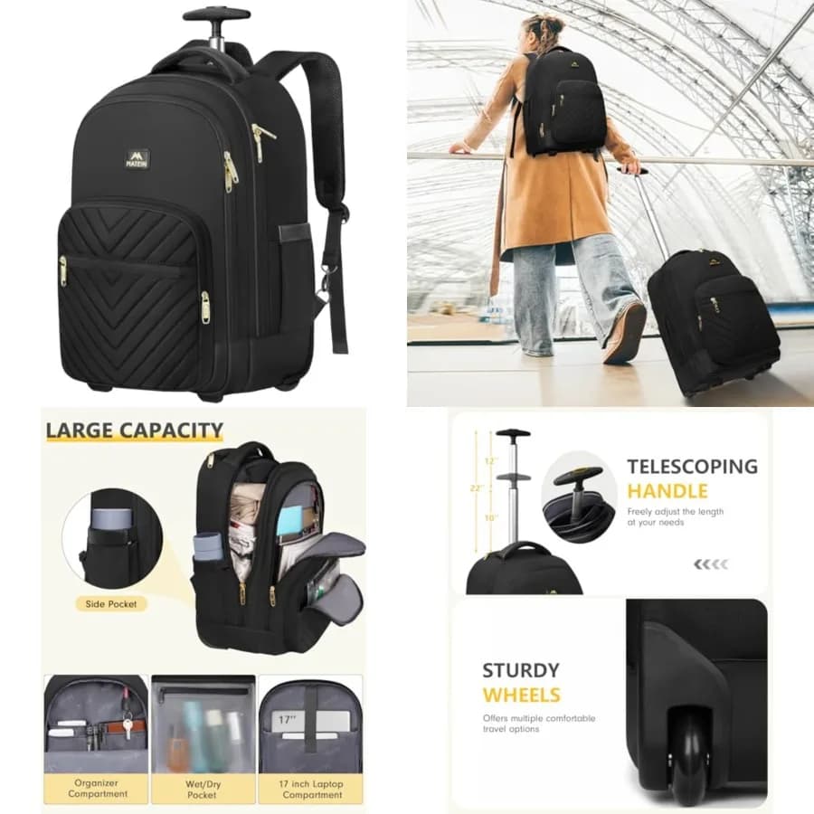 Zaino con ruote per donna, zaino per laptop con ruote resistente all'acqua da 17 pollici, grande zaino da viaggio con ruote