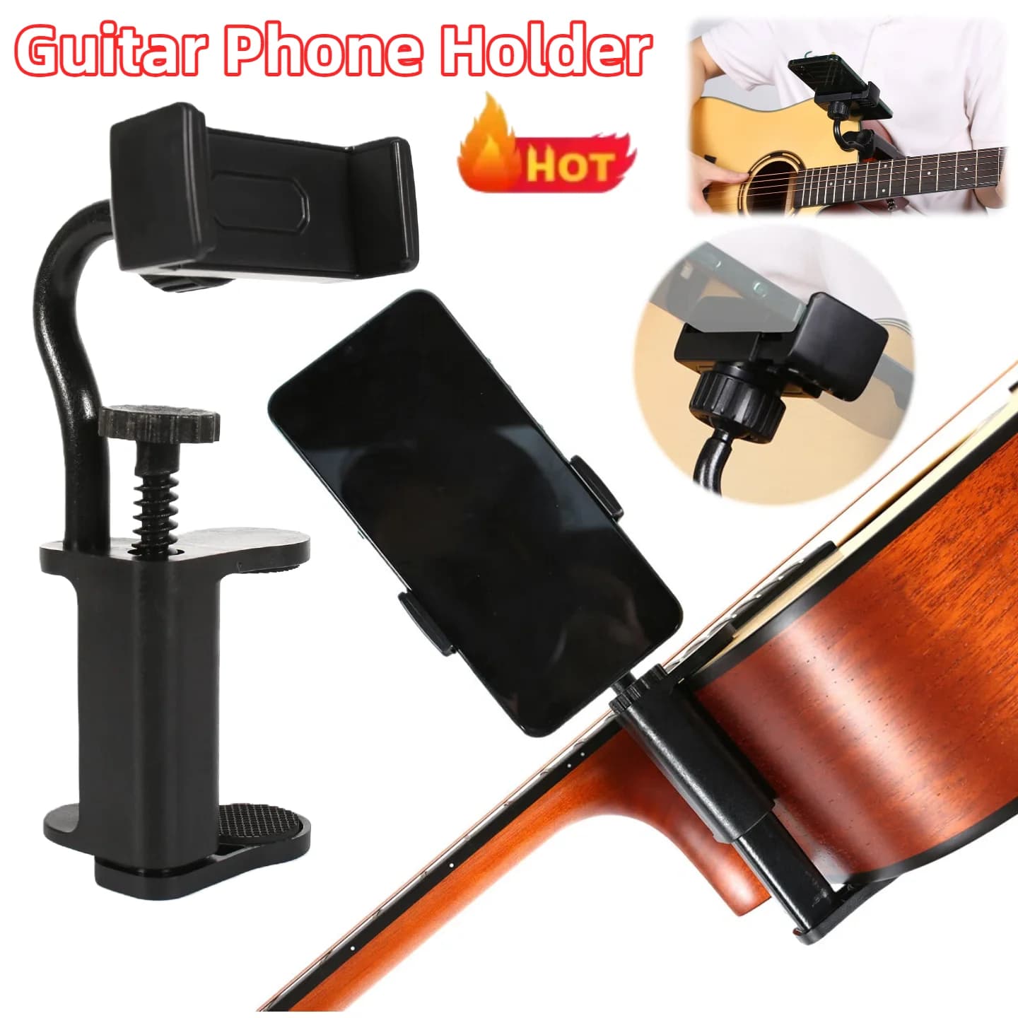 Supporto per telefono da chitarra, supporto regolabile a mani libere, supporto multiuso per cellulare da chitarra, per spartiti digitali