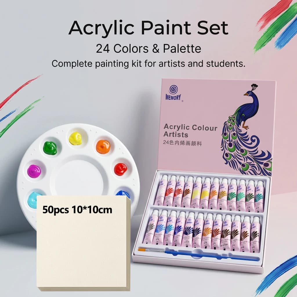 Acrylic Painting Kit 12/24 Colors 5ml Each Palette And 50 Sheets 10x10cm Watercolor Paper Suitable for Students Painting Set
