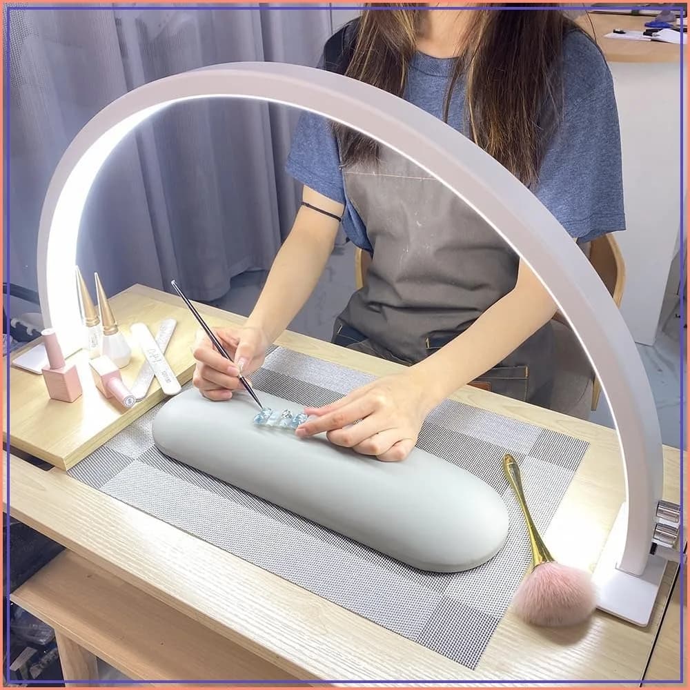 Half Moon Nail Light for Desk with Knob, 29 Inches 50W, 180-Degree Illumination, 3 Color Temperature Adjustable & Dimmable for Beauty Salon Eyelash Desk Lamp, Manicure Nail Art Fill Light