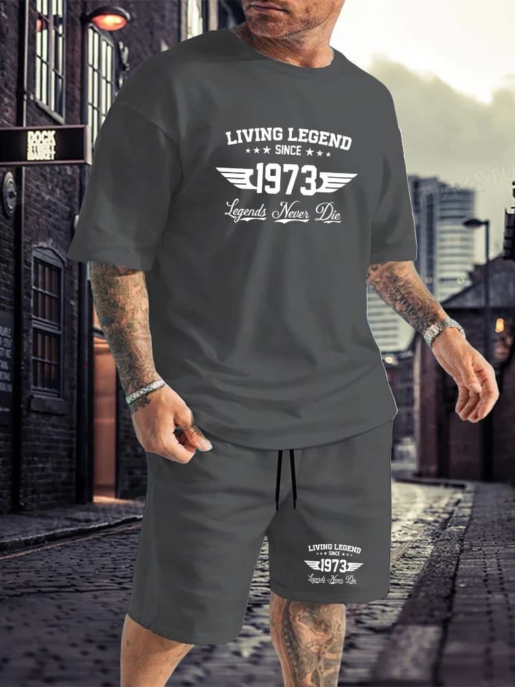 Men's Living Legend 1973 Print 2 Piece Outfit, Casual Short Sleeve T-Shirt Set, Summer Breathable Streetwear Tracksuit for Men