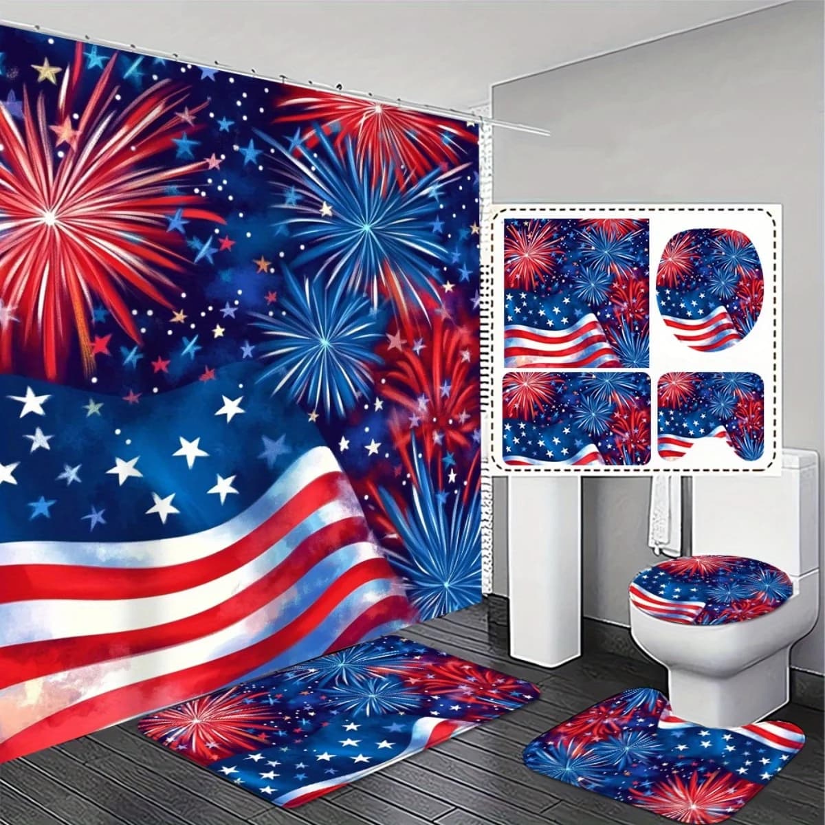 Set Tappeto Antiscivolo e Tenda per Doccia con Bandiera Americana e Fuochi d'Artificio per il 4 Luglio, Decorazione Patriottica per Bagno e Casa per Primavera ed Estate