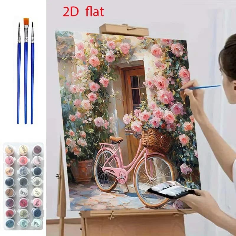 Professional Art Use 2D Flat Adult Beginner Digital Oil Painting Set - Includes Canvas, Paste, Acrylic Paints, 3pcs Brushes, And