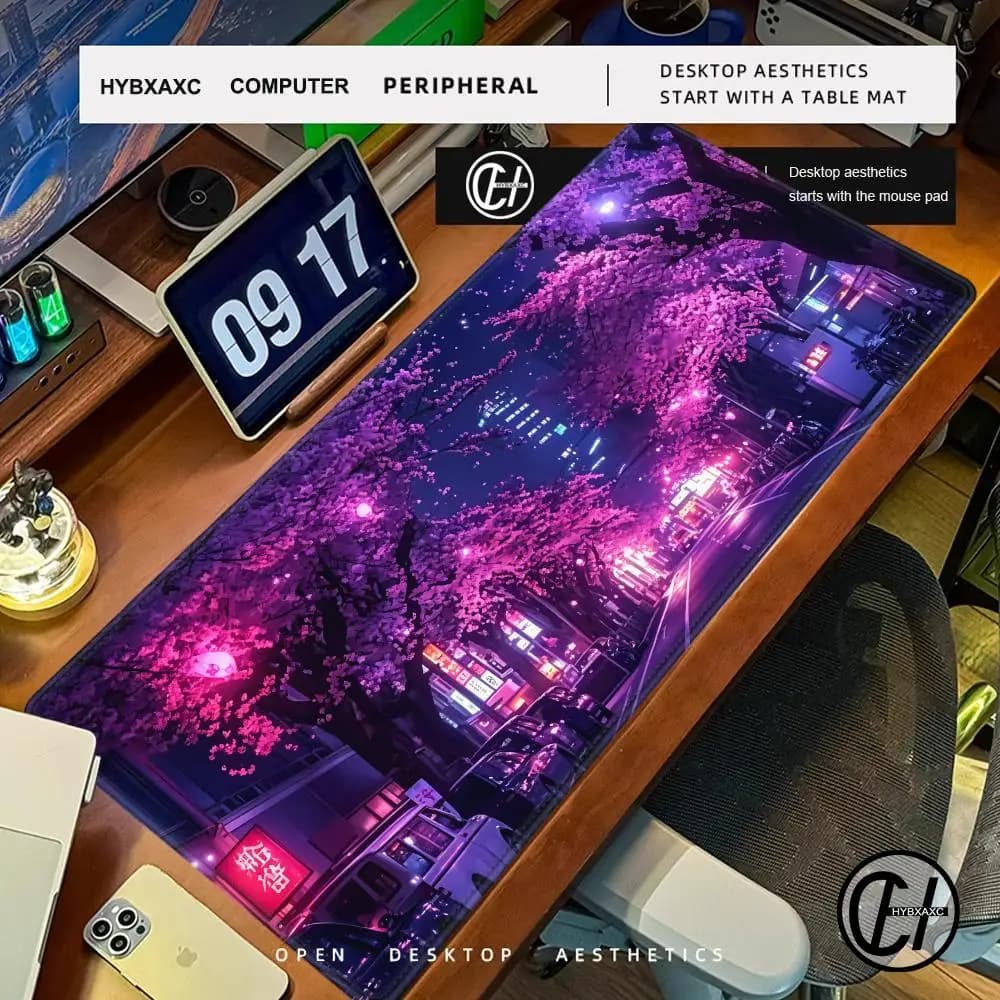 Mouse Pad Japanese Street Purple Sakura Work Office Accessories Desk Pad Desk Protector HYBXAXC Gaming Room Decoration Gamepad