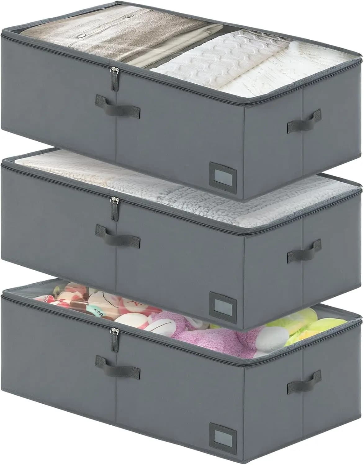 Contenitori portaoggetti da 10 pollici per sotto il letto (confezione da 3) | Organizzatore per Armadio Pieghevole con Pareti Laterali Robuste, Copertura Trasparente e Portaetichette