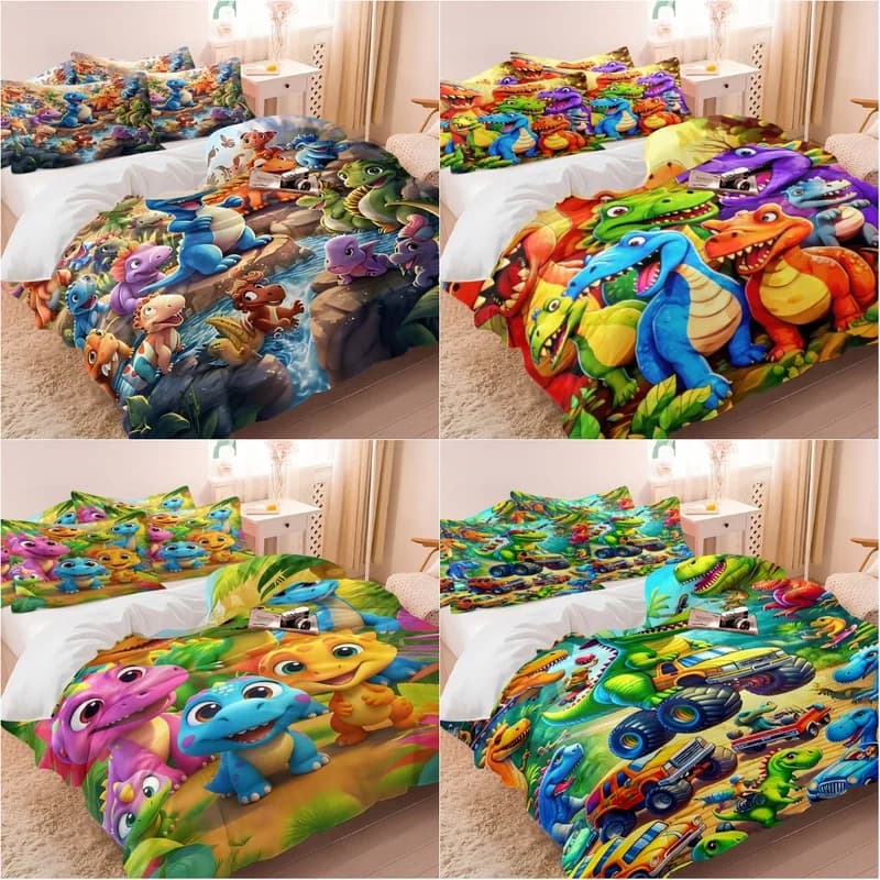Cartoon Dinosaur Duvet Cover Set(1 Duvet Cover & 1/2 Pillowcase) Kids Aesthetic Bedding Set Soft Microfiber Bed for Bedroom