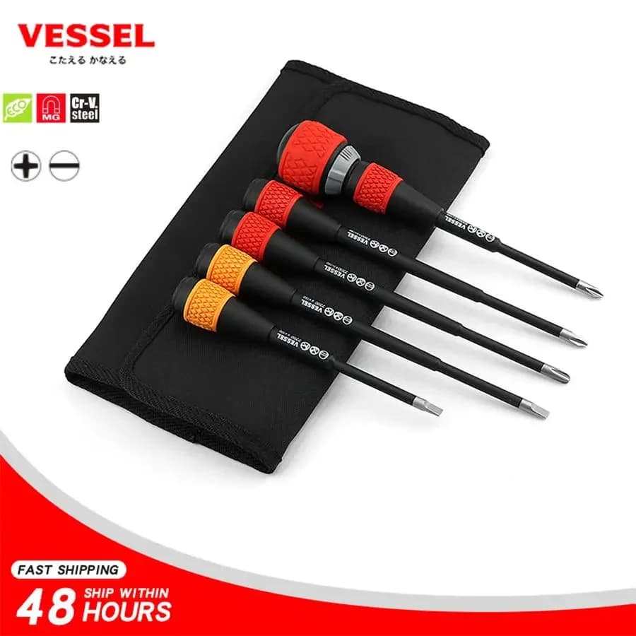 VESSEL 2200B 6-Piece Ball Handle Ratchet Screwdriver Set for Phillips and Slotted Screws Repair Hand Tools