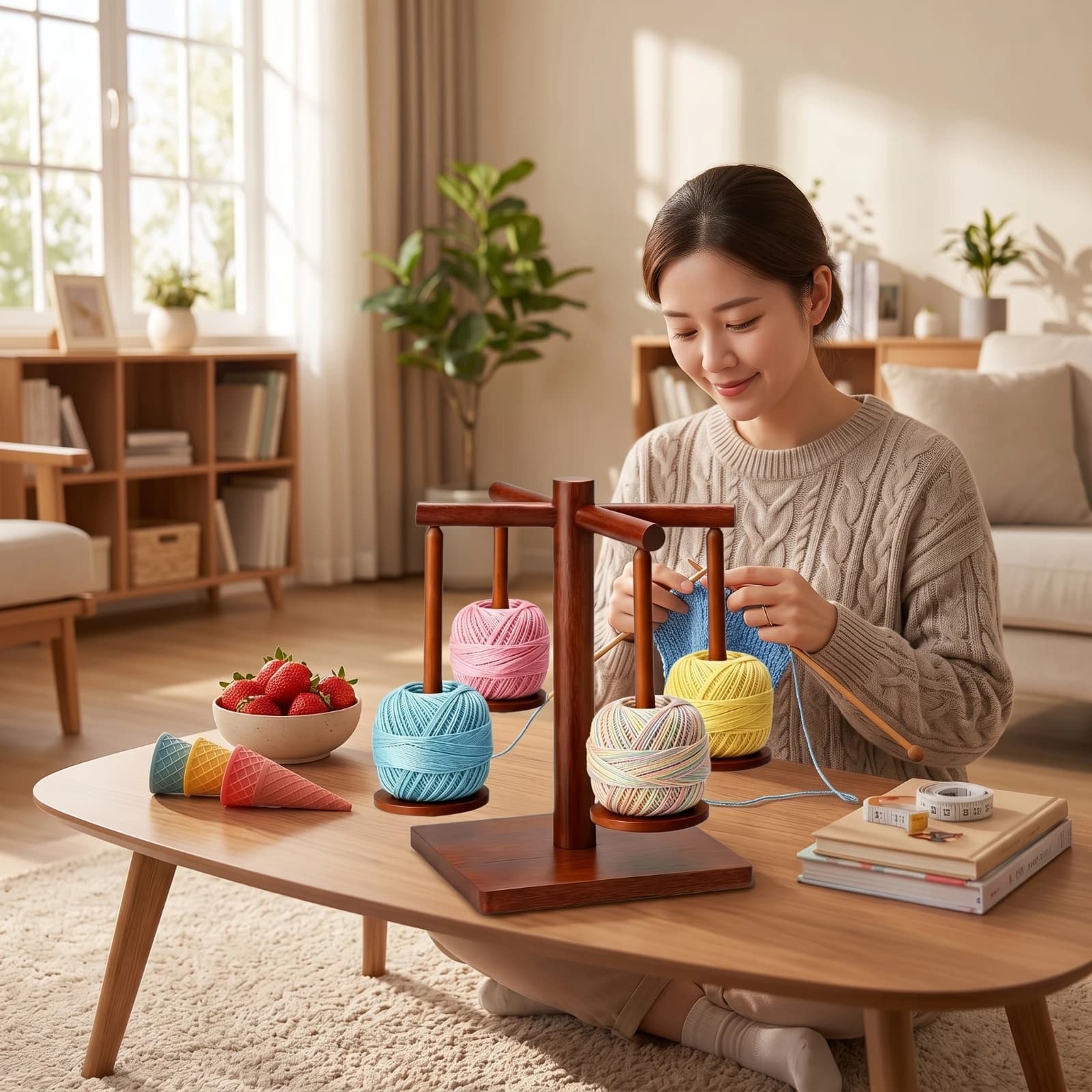 Wooden Yarn Holder with Rotating Arms Tangletangle-Resistant Yarn Holder with Spindles Organizer Independent Craft Tool Tabletop