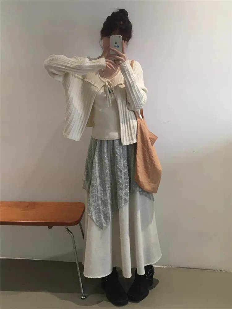 Early Spring Korean Style Women's Long Sleeve Open Cardigan Set with Belt High Waist Skirt And Tank Top Three Piece Suit