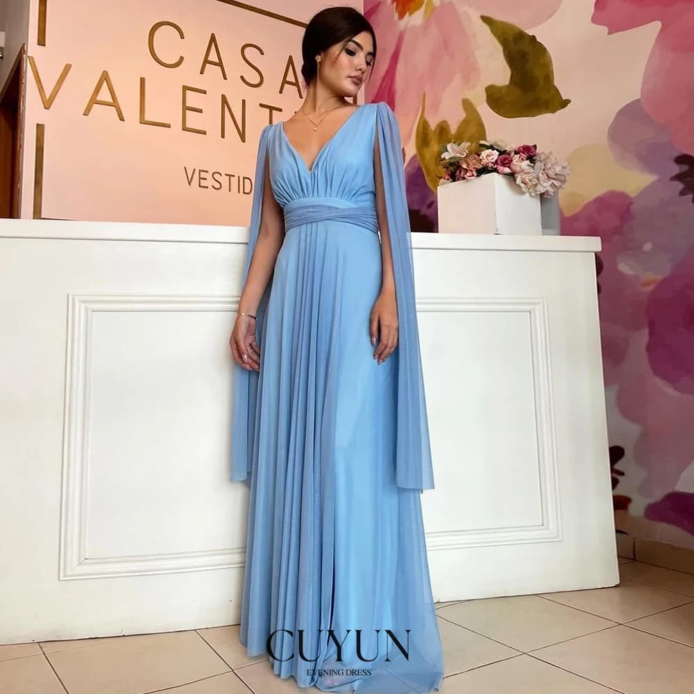 CUYUN Abito formale estivo in chiffon con scollo a V maniche a mantella Abiti lunghi da ballo Abiti da cerimonia per invitati a un matrimonio personalizzati per le donne