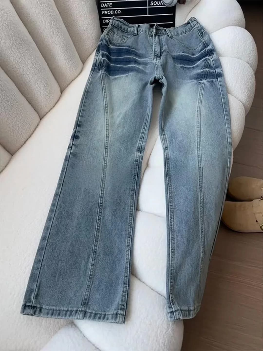 Jeans da Uomo Cleanfit Blu con Motivo Fulmine, Invernali, Slim Fit, Gamba Dritta, Stile High Street, Casual, in Denim, Vita Media, Chiusura con Bottoni