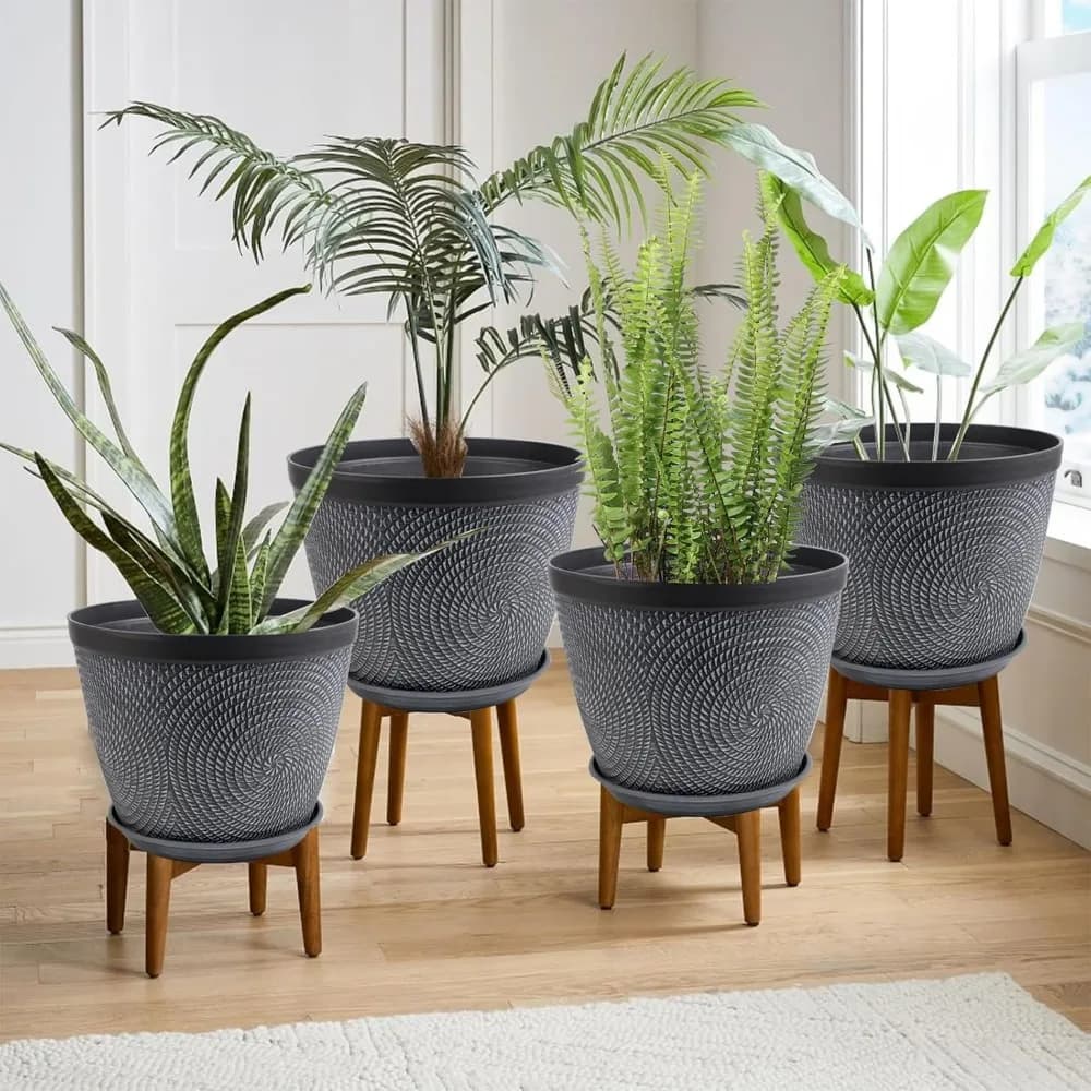 Grandi vasi per piante da 12 pollici, confezione da 4, con drenaggio e piattino, fioriere da giardino decorative moderne per piante da interno ed esterno