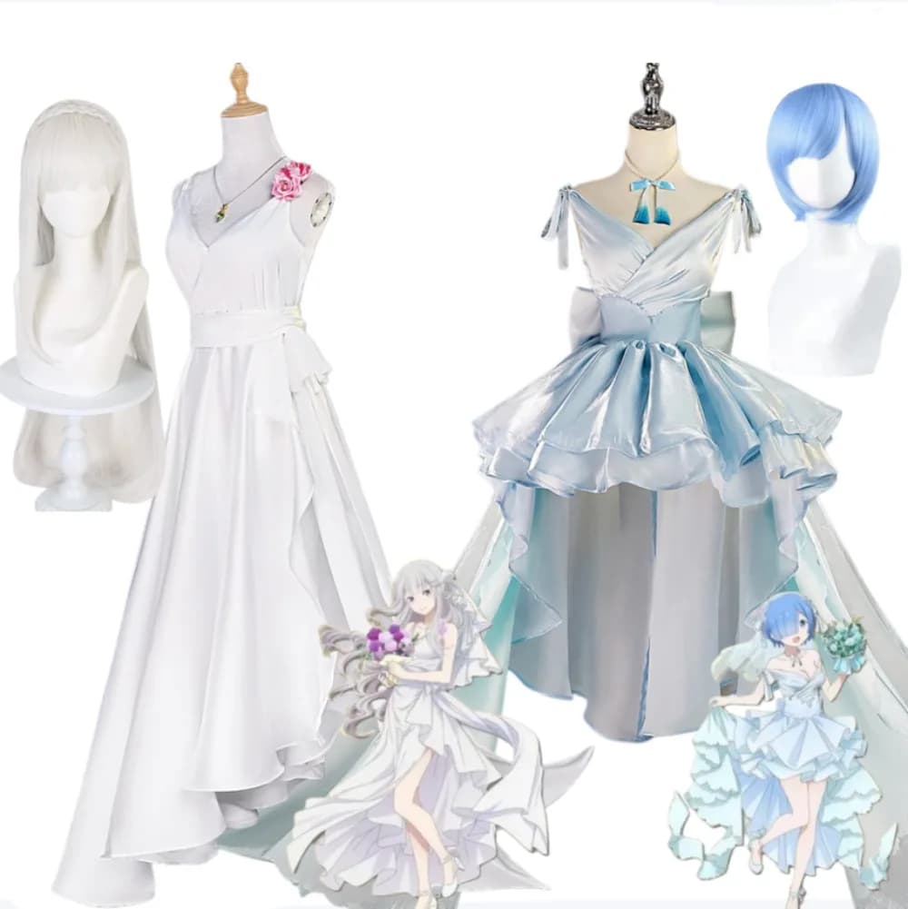 Re:ZERO Iniziare la vita in un altro mondo Rem Emilia Costume cosplay Abito bianco Accessorio per parrucca Set Costume per spettacoli teatrali