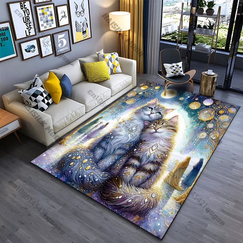 Tappeto con gatti magici sotto la luce della luna, tappeto da yoga, decorazione per soggiorno, tappetino per gattonare per bambini, tappetino per zerbino, tappeto per giochi