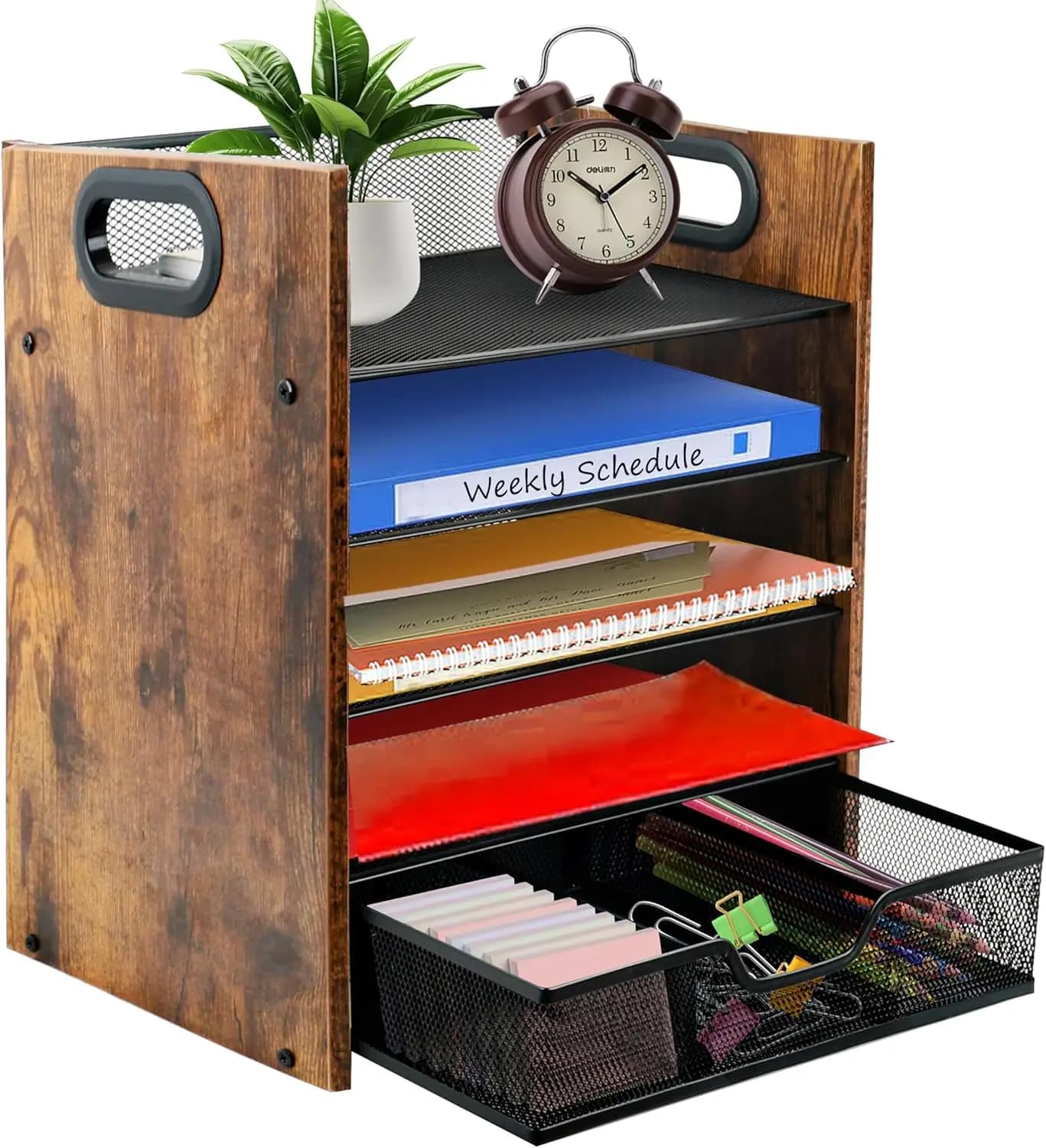 Organizer da Scrivania in Legno a 5 Livelli con Cassetto, Porta Documenti per Ufficio, Posta, Quaderni e Cancelleria