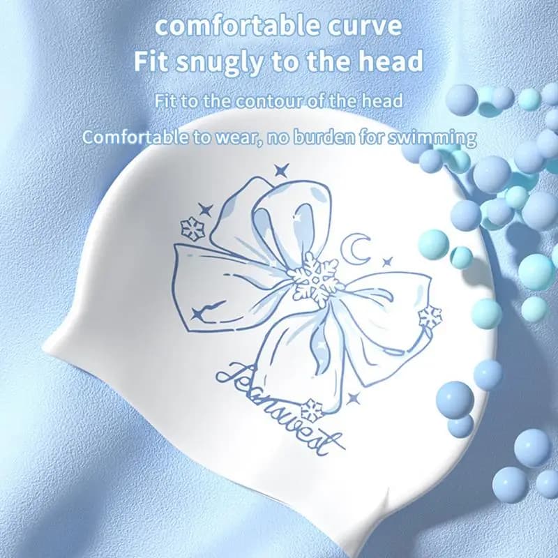 New 1PC Adult Silicone Swim Cap High Elasticity Waterproof Cute Bow Print For Swim Training Water Sports