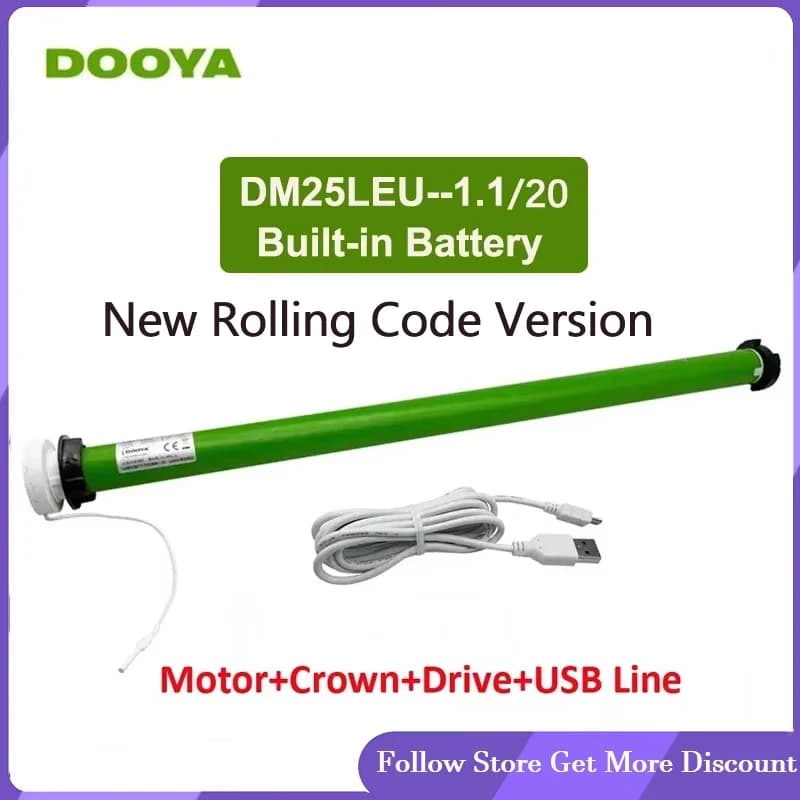 Motore tubolare DOOYA DM25LEU con batteria Li integrata per tende avvolgibili, controllo tramite emettitore RF433, per Dia. Tubo da 38 mm, ricarica USB