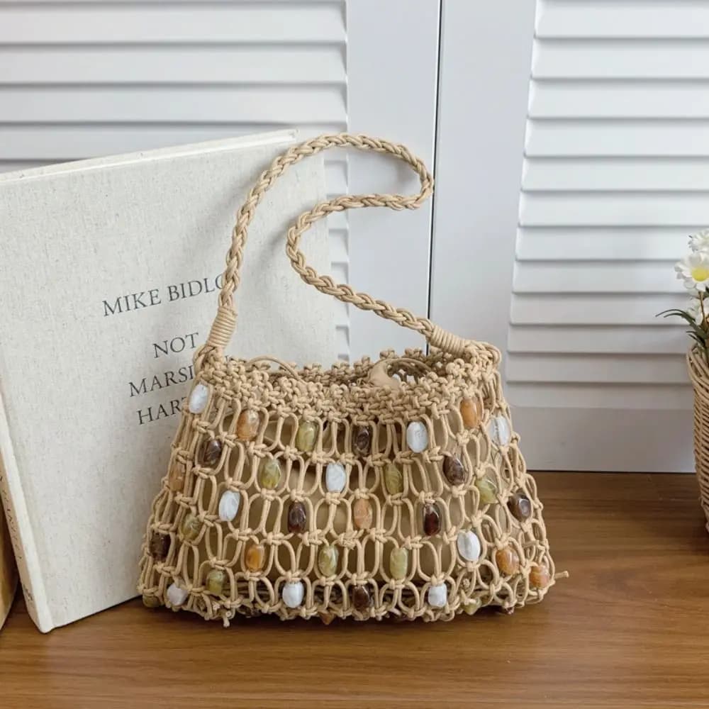Borsa a tracolla artigianale in stile etnico coreano con perline, borsa a mano intrecciata all'uncinetto, borsa tote da esterno