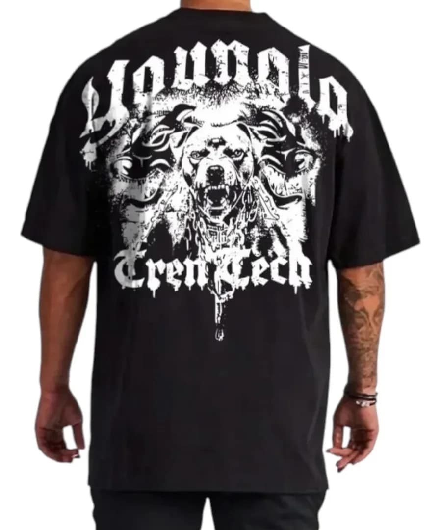 Men's Gothic Dog Head Vintage Washed T-Shirt, Aggressive Animal Graphic Streetwear Tee