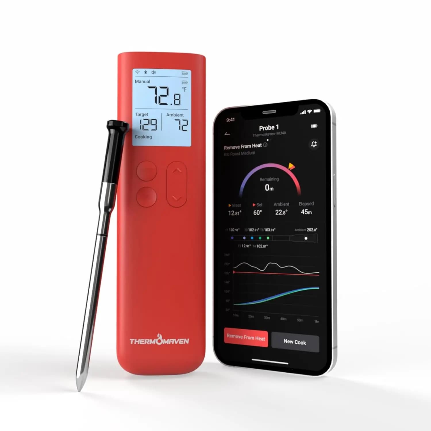 Wireless Smart Thermometer for Cars: Bluetooth, Capacity 3000ft, Accuracy ±0.5 ° Support base with BBQ (Red)