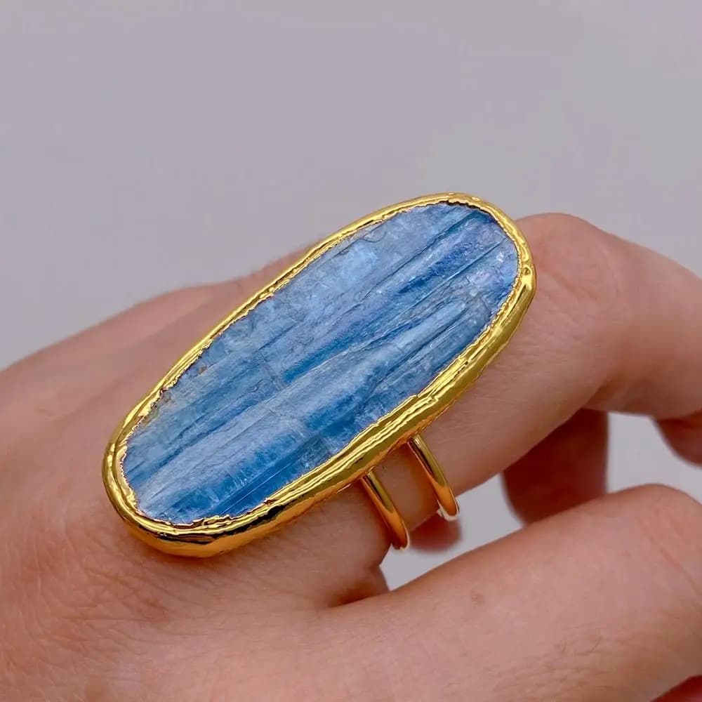 YYGEM 18x41mm Natural Blue Kyanite Finger Rings Adjustable Wedding Jewelry