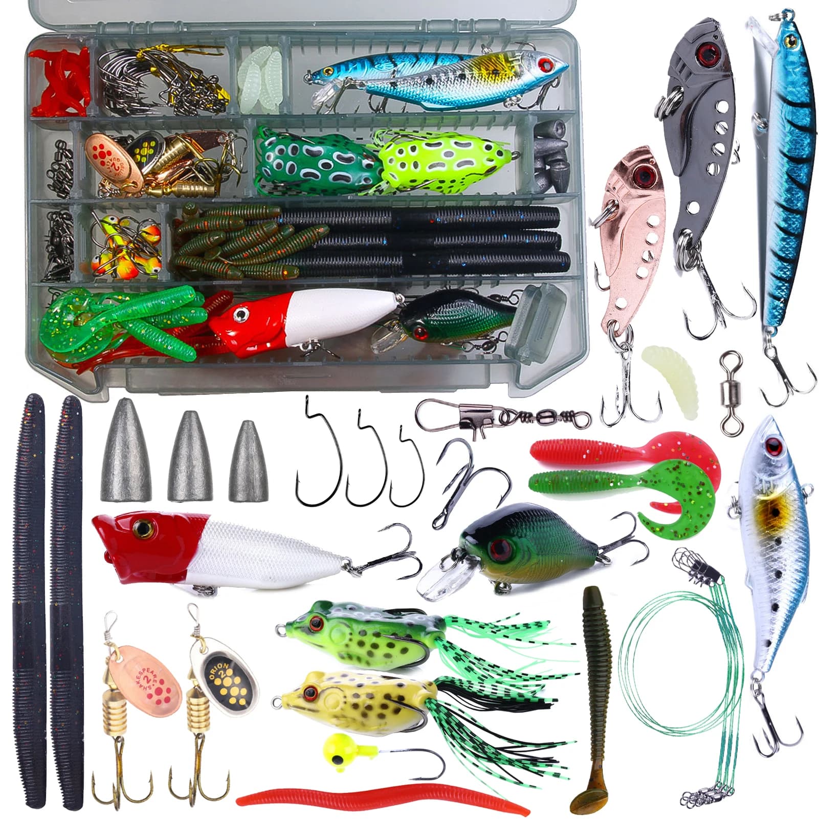 Kit di Esche da Pesca FREE FISHER 124 Pezzi, Verme Morbidi, Esche Dure, Set di Accessori da Pesca, Scatola Mista per Attrezzatura da Pesca, Piombi Girevoli e Ami