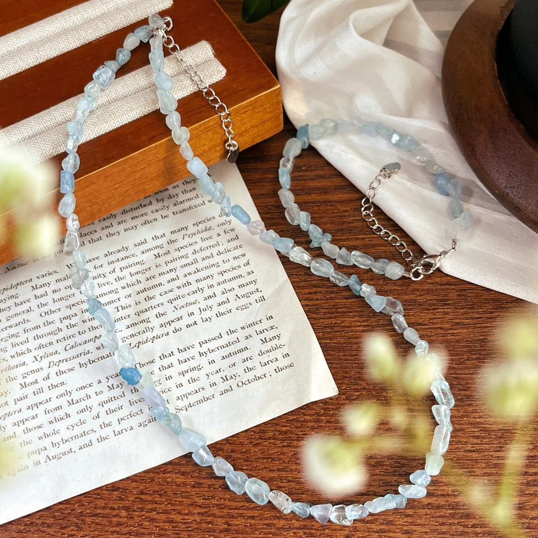 Natural Aquamarine Beaded Jewelry Set, Bracelet & Choker Necklace Suit Stackable Layering Crystal Gemstone Set for Women