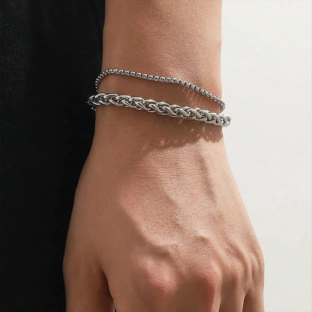 DGIDDK Stainless Steel Personalised Trend Versatile Couples' Style Dragon Bone Chain Fashionable Geometric Double-Layer Bracelet