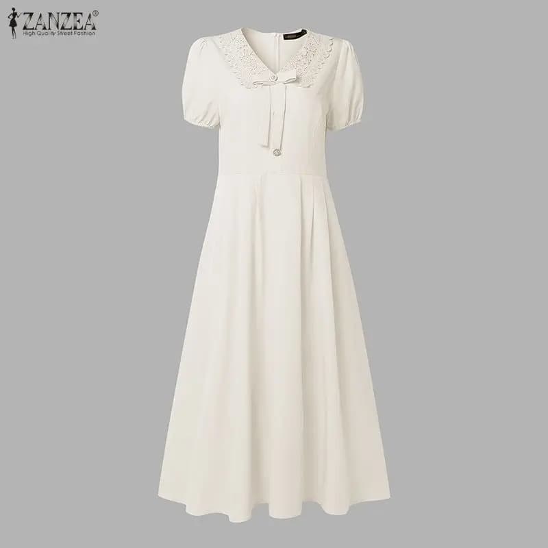 ZANZEA 2026 Elegante Abito a Trapezio Plissettato Estivo con Inserti in Pizzo, Vestito da Donna Elegante per Feste e Lavoro, Abito Midi a Maniche Corte