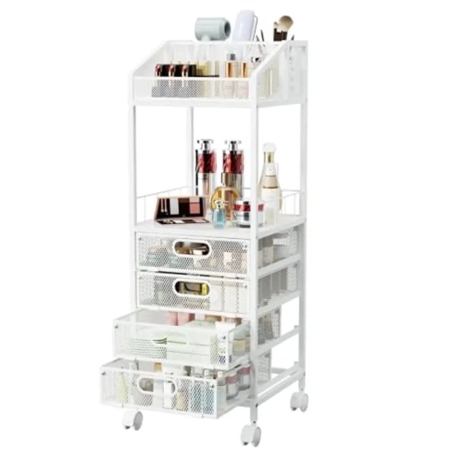 Carrello porta trucchi e prodotti per la cura della pelle con 4 cassetti, organizer mobile per cosmetici, profumi, smalti e custodie espositive