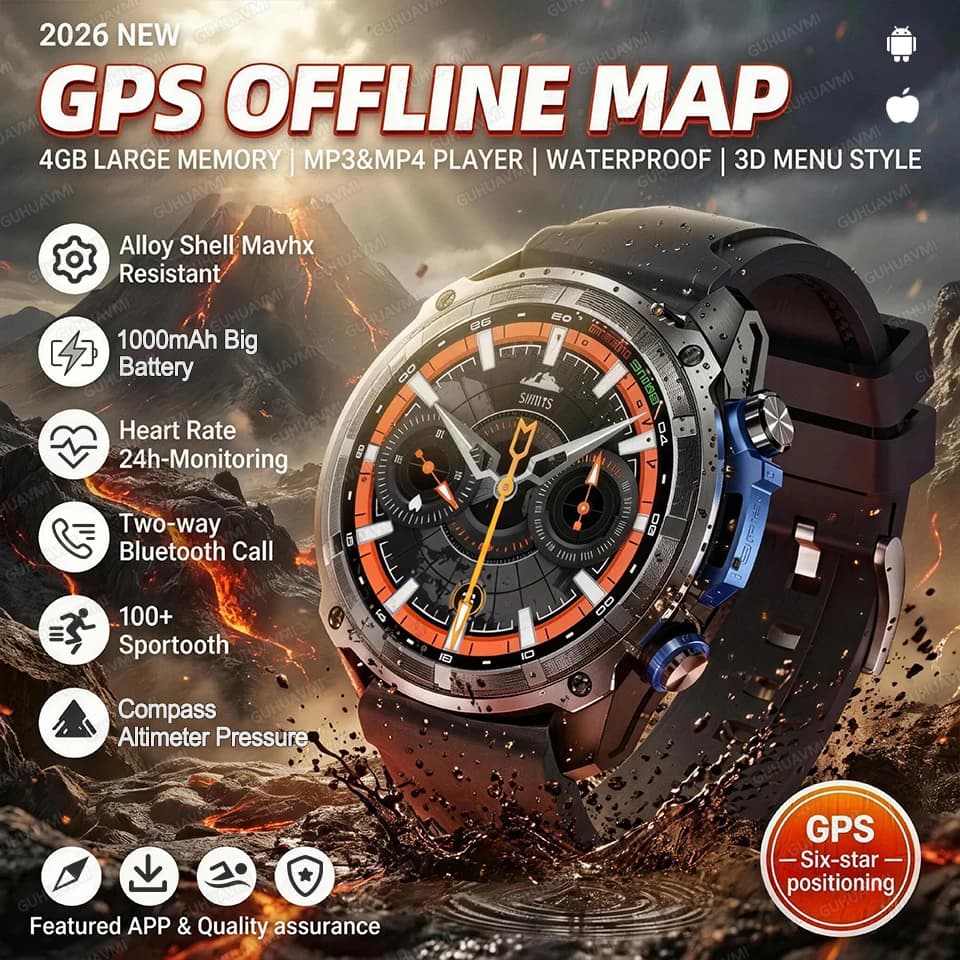 Nuovo Smartwatch GPS da Uomo 2026 con Mappe Offline, 4G RAM, Riproduzione MP3/MP4, Orologio, Impermeabile 10ATM, Bussola, Batteria 1000mAh