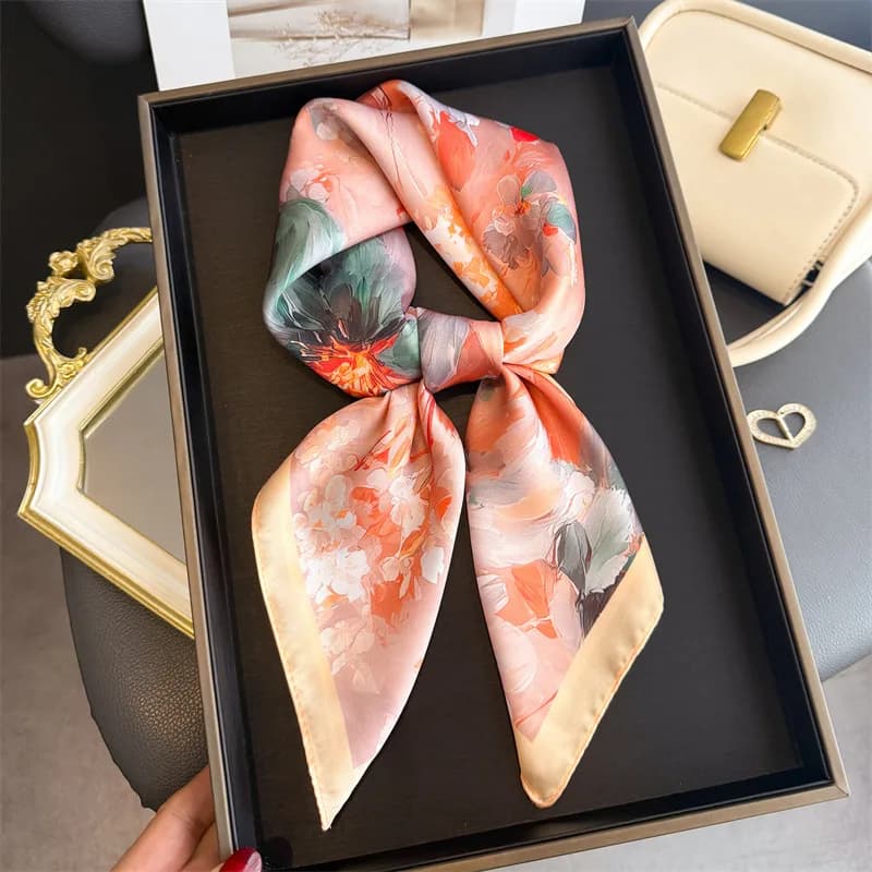 Korean Style Faux Silk Printed Scarf, Premium Square Scarf, Sun Protection Shawl & Neck Head Scarf for Women