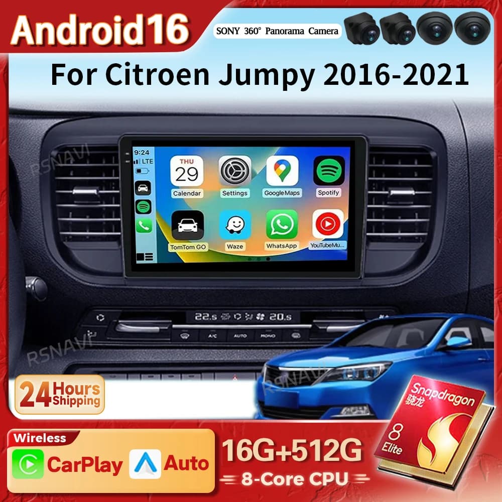 Android 15 Carplay Auto 2K Schermo Autoradio Multimediale Per Citroen Jumpy 3 SpaceTourer 2016 - 2021 Video DVD DSP Qualcomm Player