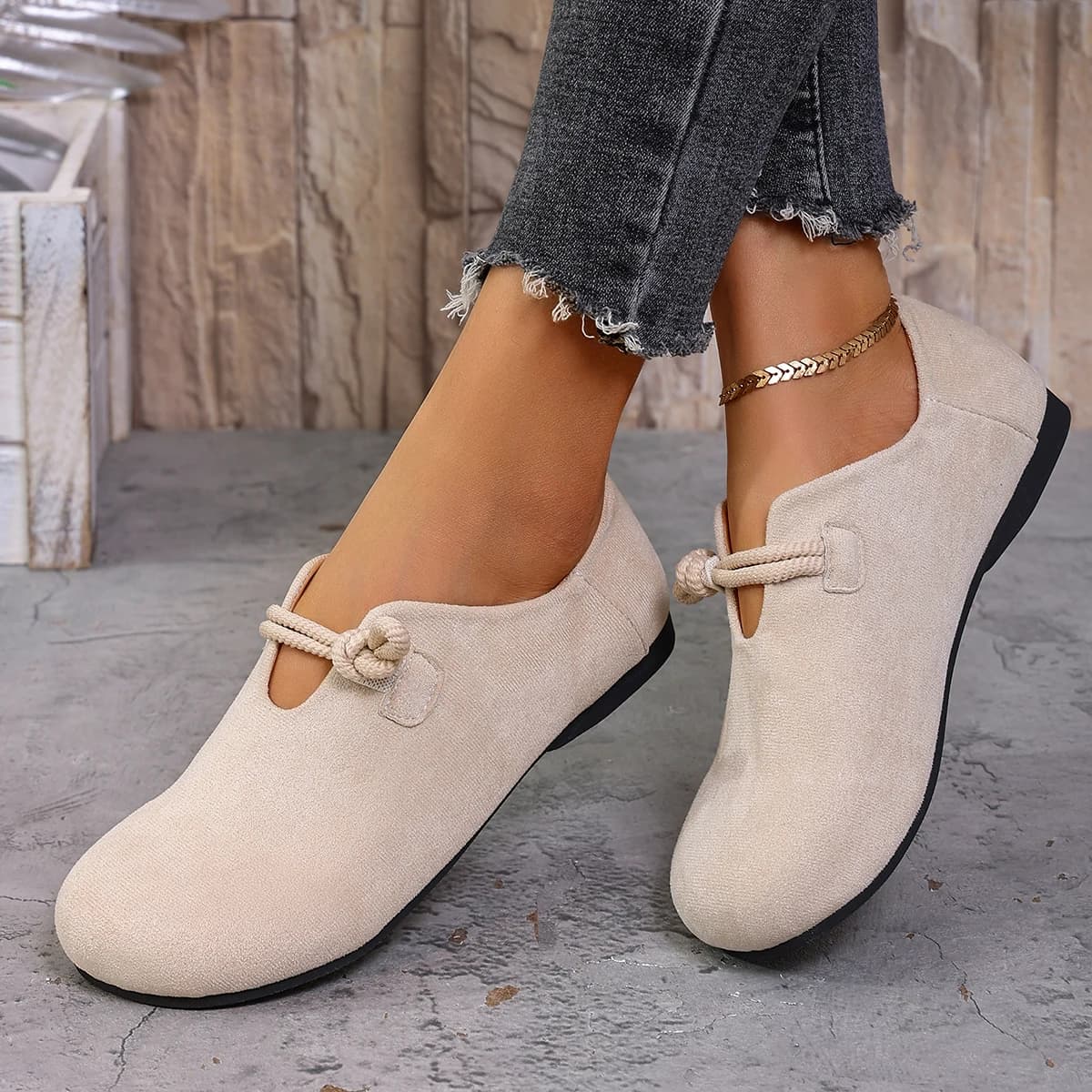Comodi mocassini slip-on in pelle scamosciata da donna, chiusura con nodo cinese, calzature casual con punta tonda
