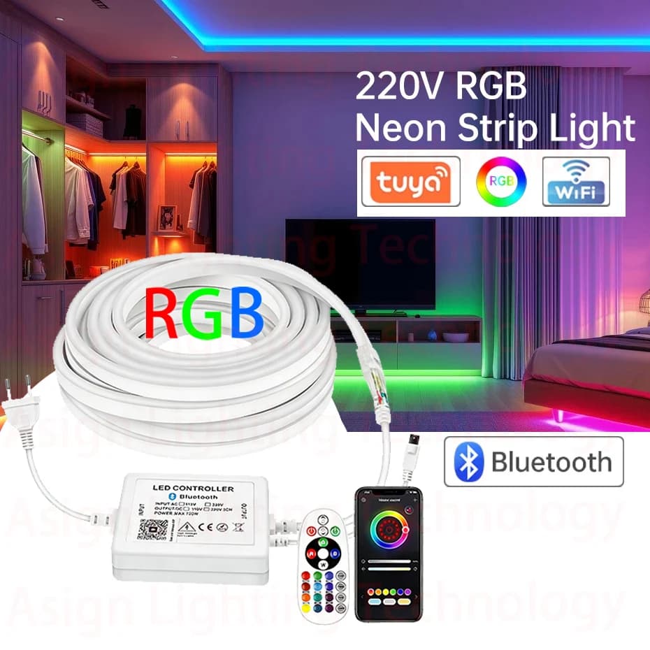 LED Strip Neon RGB 220V Dimmable, Strip Luminous LED SMD505050 IP67 Flexible, LED tape with remote control/Bluetooth/Tuya Smart WiFi Compatible with Alexa