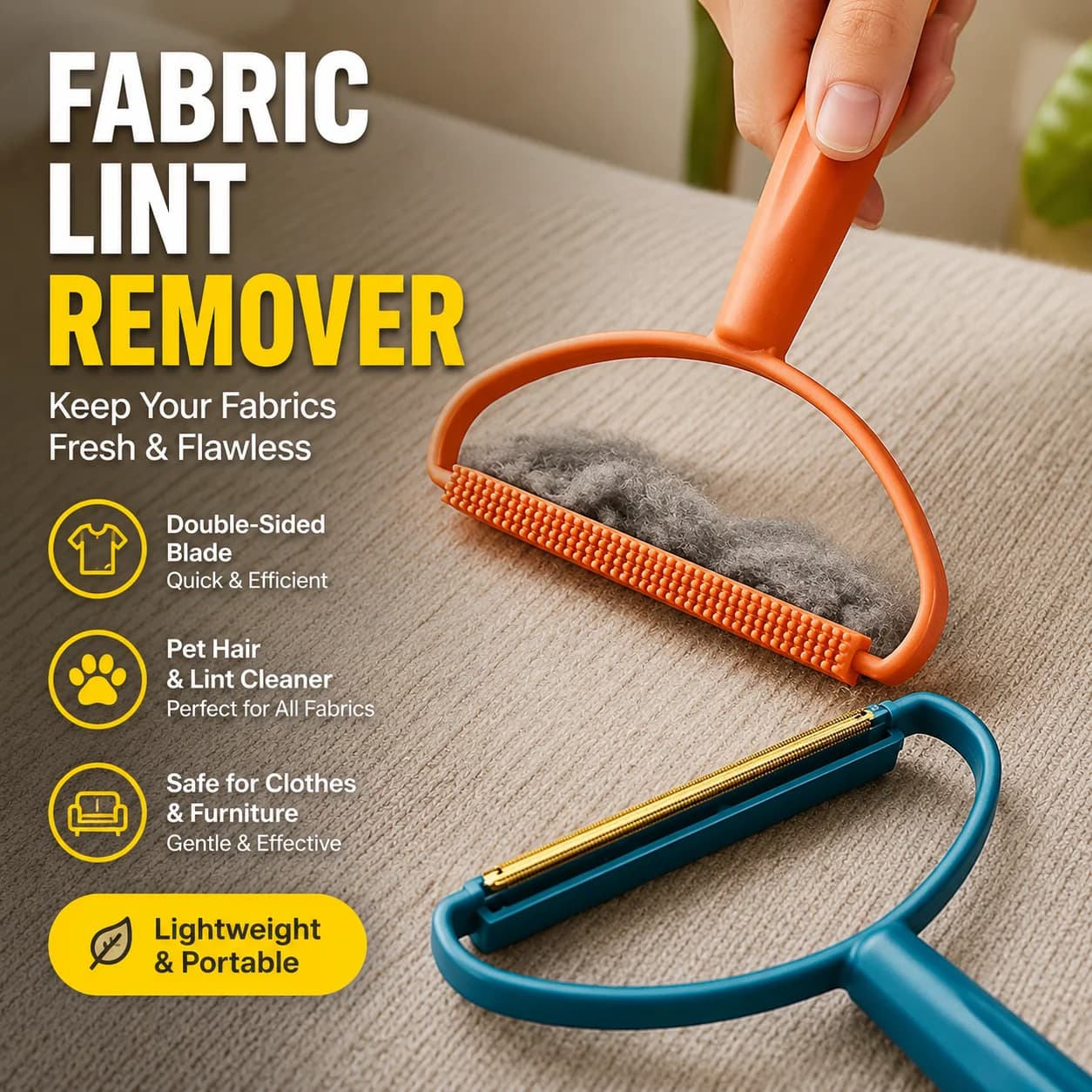 Fabric Lint Remover, Portable Clothes Shaver with Double-Sided Blade, Pet Hair & Lint Cleaner for Furniture, Plastic,