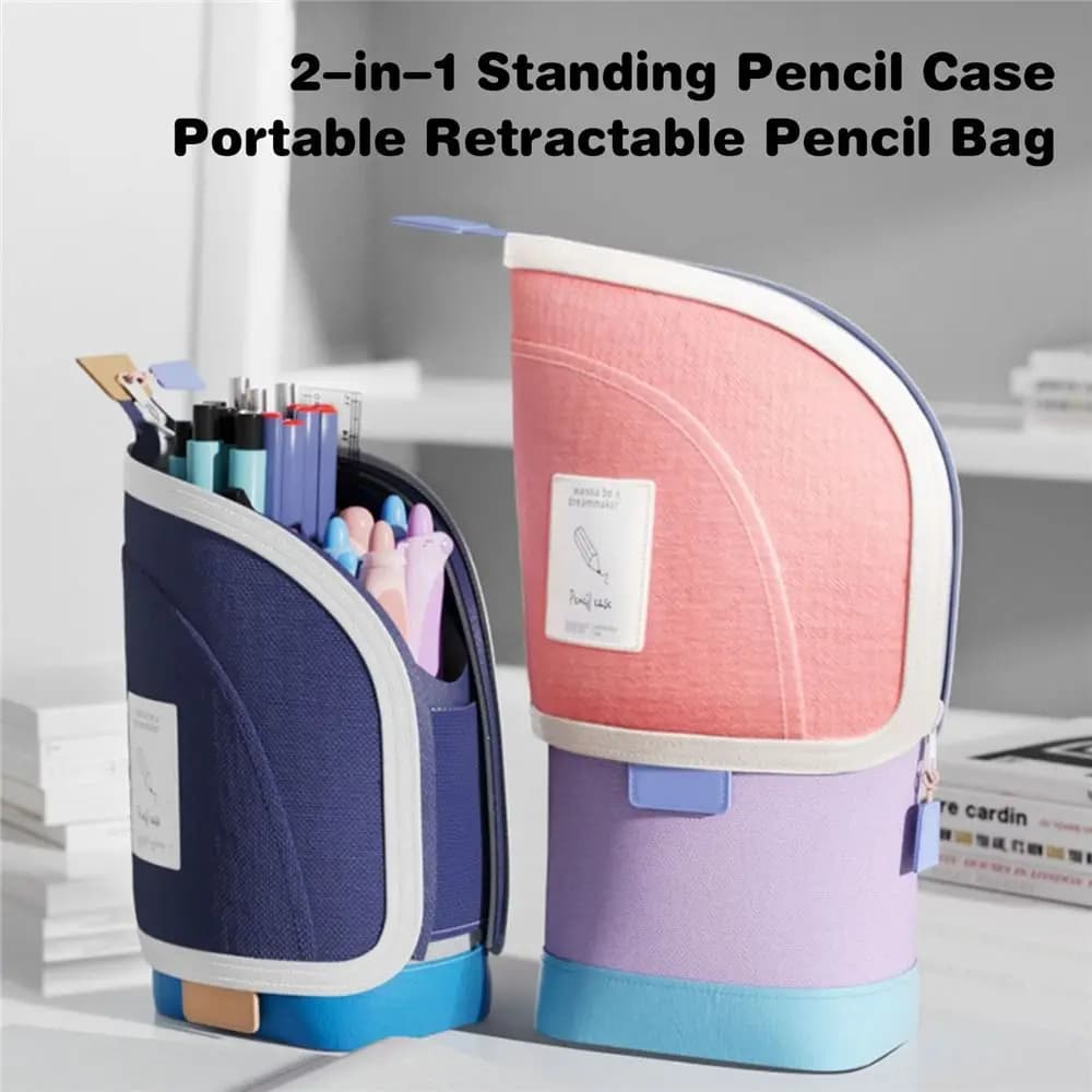 Gift 2-in-1 Standing Pencil Case Portable Vertical Student Pen Holder Retractable Pencil Bag Desk Supplies Holders
