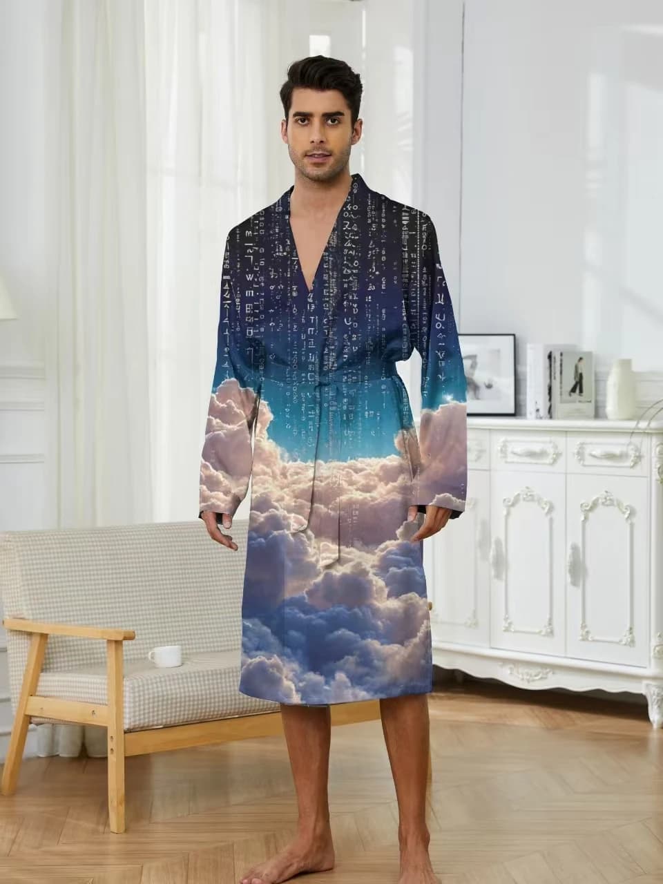 Accappatoio da uomo con stampa digitale alla moda e modelli di elementi a base di nuvole, accappatoio casual da uomo ad asciugatura rapida.
