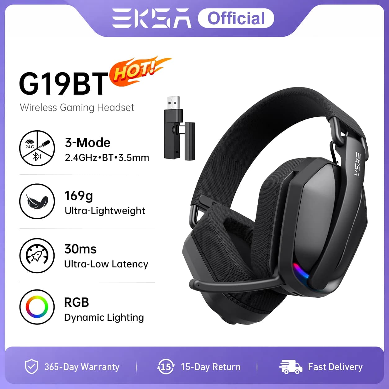 EKSA G19BT Cuffie da gioco wireless da 2,4 GHz Cuffie da gioco Bluetooth 5.4 ultraleggere con microfono per PC/PS5/Xbox