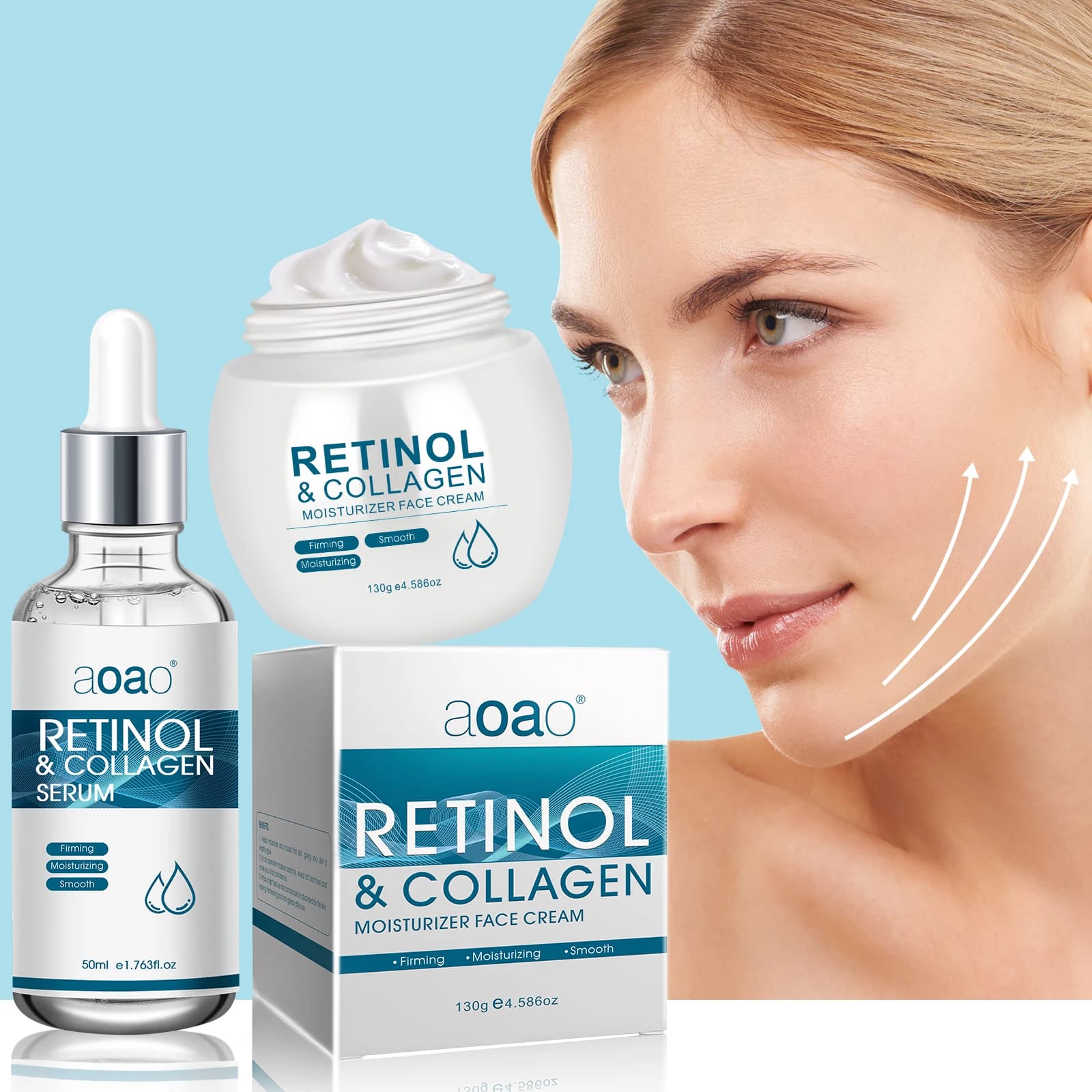 Retinol cream + Moisturizing serum Set for collagen skin care – Nutritional and deep moisturizing for the skin.