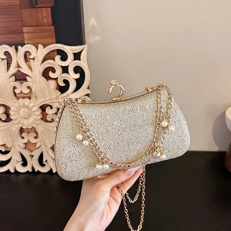 Borsa da Sera Scintillante con Glitter, Ciondolo Multistrato di Perle, Chiusura ad Anello con Catena Dorata, Pochette a Tracolla Formale per Cerimonie e Matrimoni