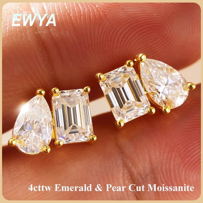 EWYA 4cttw Toi et Moi Radiant/Emerald&Pear Cut Moissanite Stud Earrings Women Wedding S925 Silver Two Stone Diamond Ear Studs