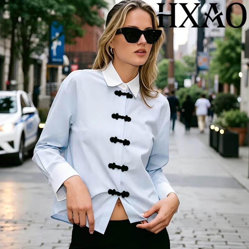 HXAO Women's Shirt Oversized Blue Shirt Long Sleeve Woman Blouses Chinese Knot Button Top Women Daily Office Summer Female Shirt