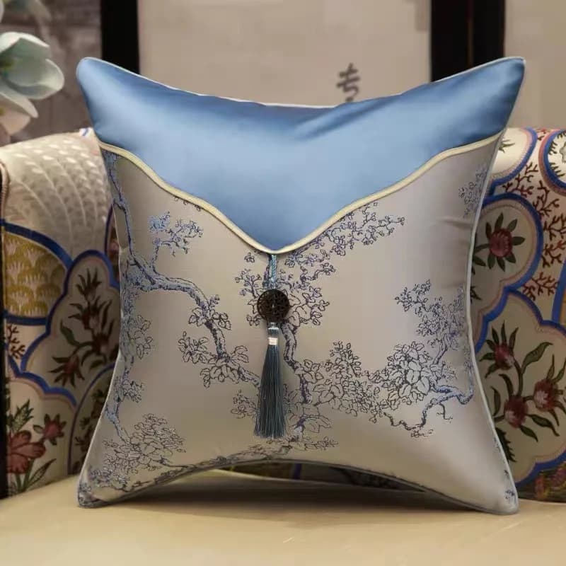 Fodera per cuscino lombare/copricuscino per divano in stile cinese classico con rami vegetali e nappe, tessuto patchwork, 1 pezzo