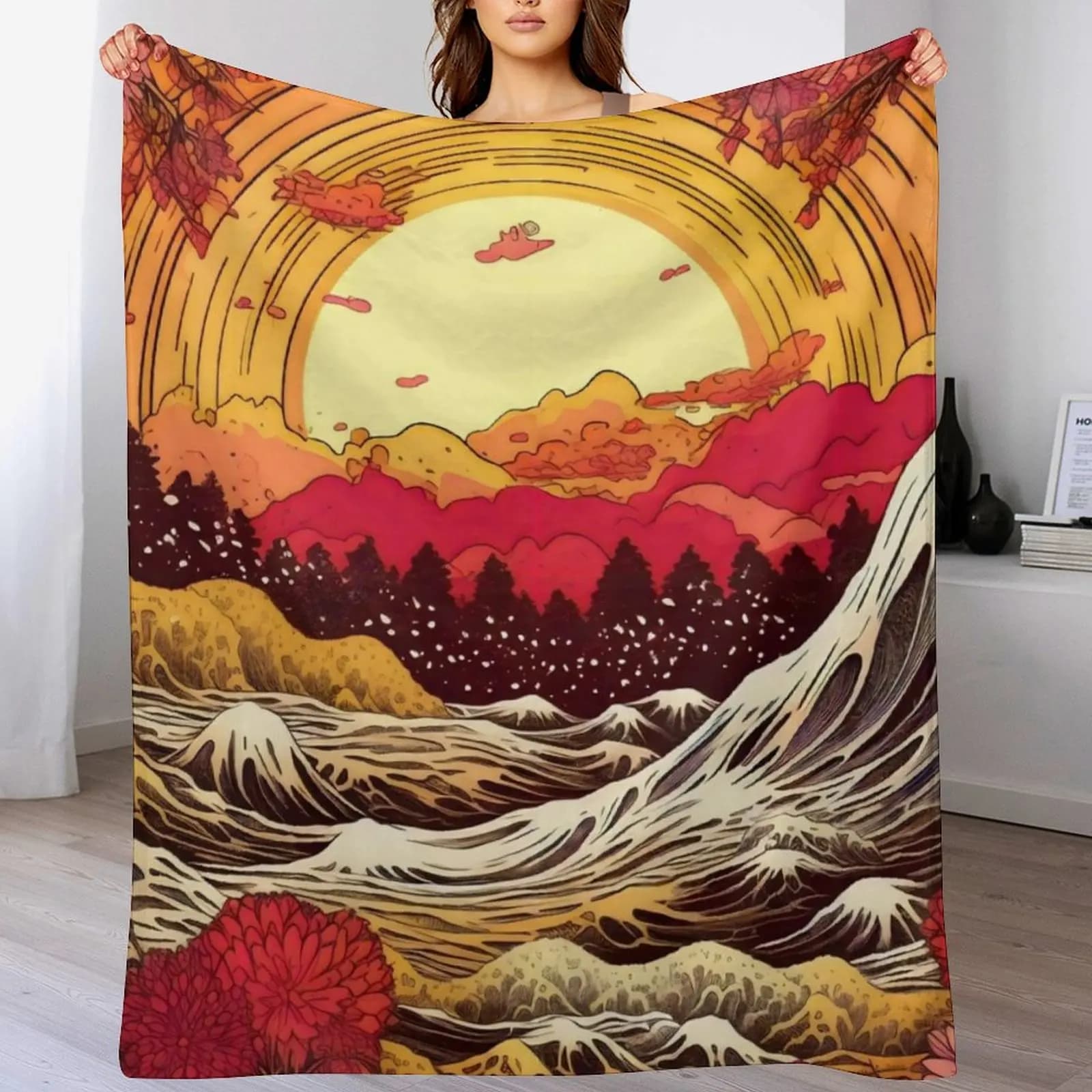 Coperta in morbido pile sherpa con motivo paesaggistico giapponese Okiyo-e, con alberi in legno e fiori, ideale per l'inverno