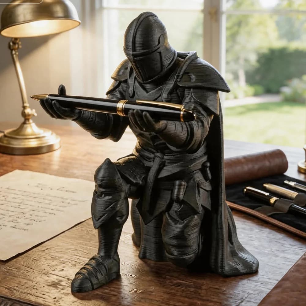 Portapenne Cavaliere Medievale Stampato in 3D, Statua Guerriero Nero Argento, Organizer da Scrivania, Decorazione Creativa per Ufficio, Regalo di Cancelleria