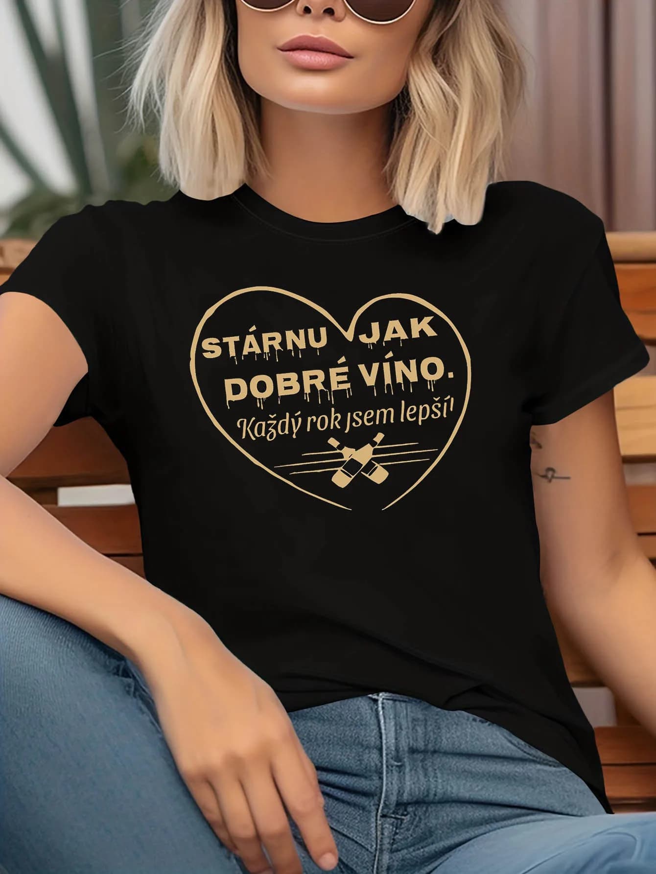 Women's T-shirt with inspiring print 'Aging Like Fine Wine' in Czech style, short sleeves, crew neck, casual, for spring-summer